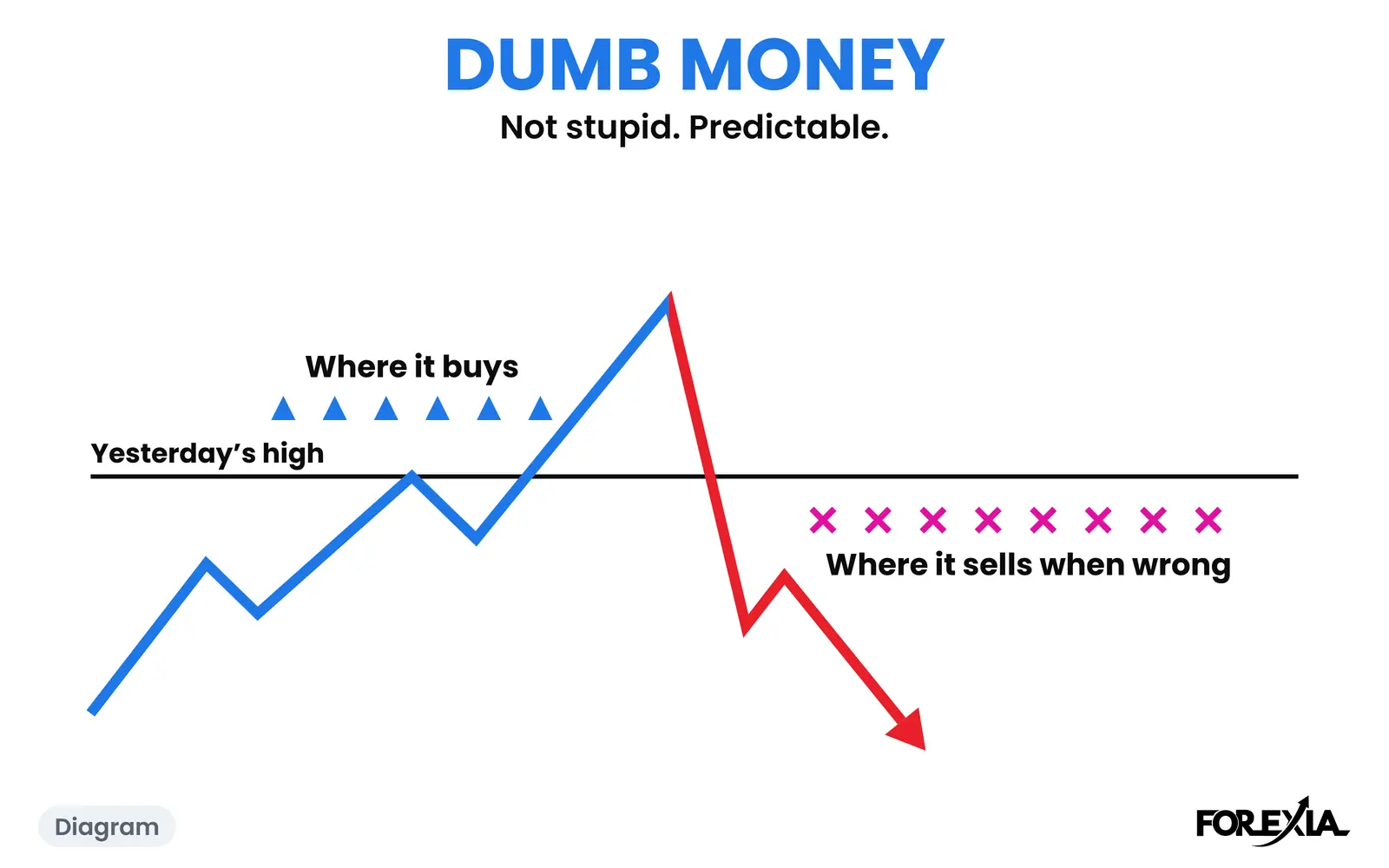 Diagram: Dumb Money is predictable: it buys over the level and sells under it when it is wrong. The real day is below. Dumb Money diagram: the crowd's buys resting over yesterday's high and its stops resting under it, as price breaks the level and falls back through them
