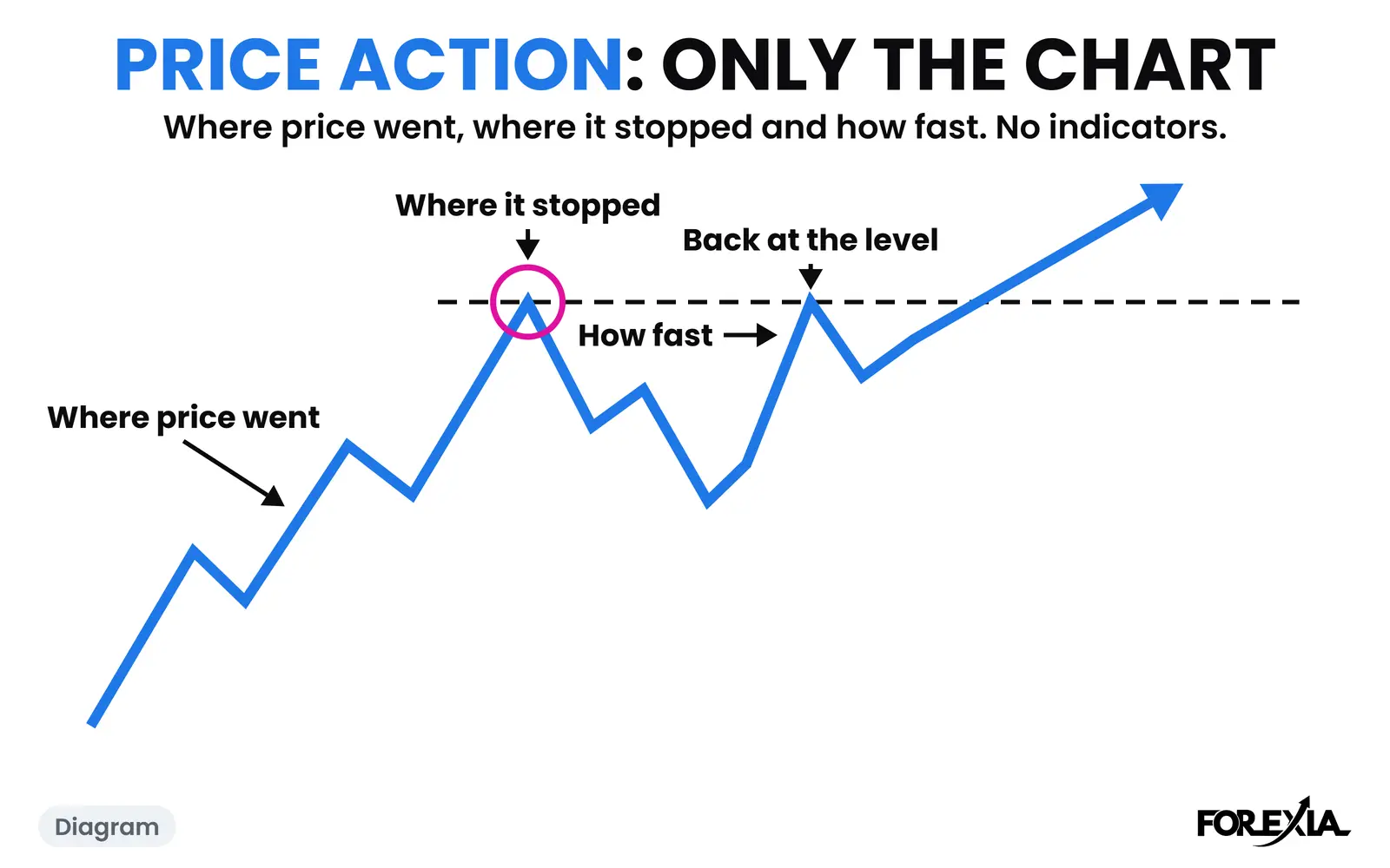 Diagram: price action is read from the line alone: where price went, where it stopped, how fast, and what it did back at the level. The real days are below. Price action trading diagram: a plain line with no indicators, marking where price went, where it stopped, how fast it moved and when it came back to the level